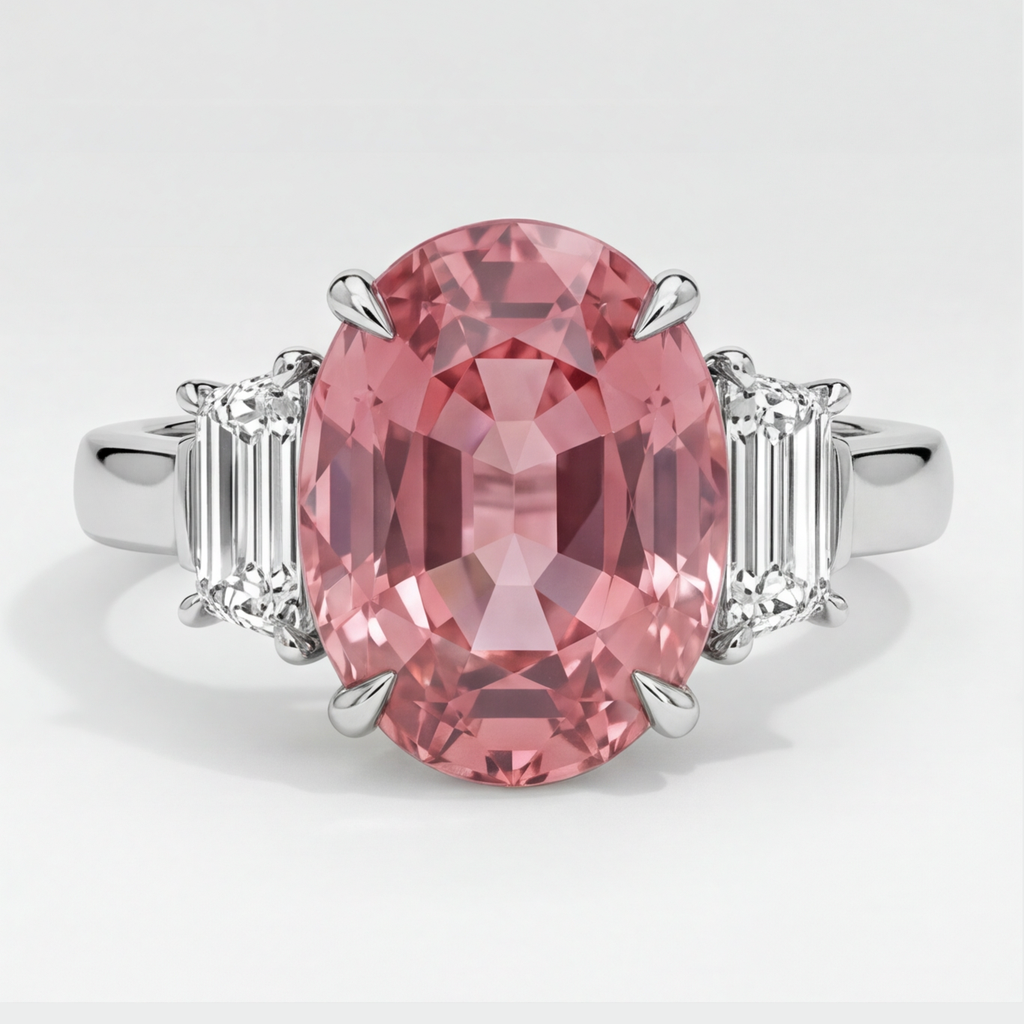 Bague trois pierres en platine avec saphir Padparadscha véritable ovale de 3,6 carats et trapèzes blancs