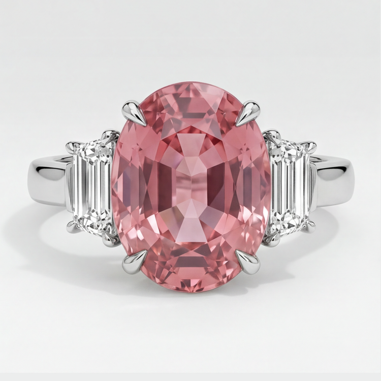 Bague trois pierres en platine avec saphir Padparadscha ovale véritable de 3,6 carats et trapèzes blancs