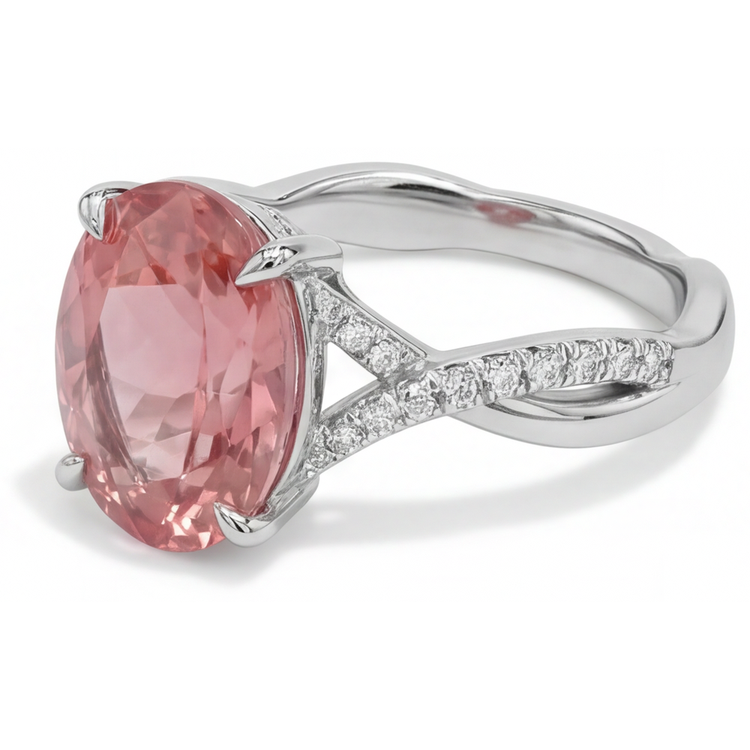Bague croisée en Or Blanc 14 carats avec saphir Padparadscha naturel ovale couleur pêche de 2,8 carats