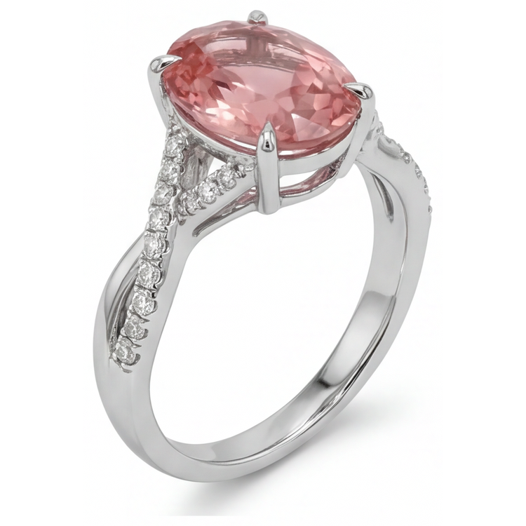 Bague croisée en Or Blanc 14 carats avec saphir Padparadscha naturel ovale couleur pêche de 2,8 carats