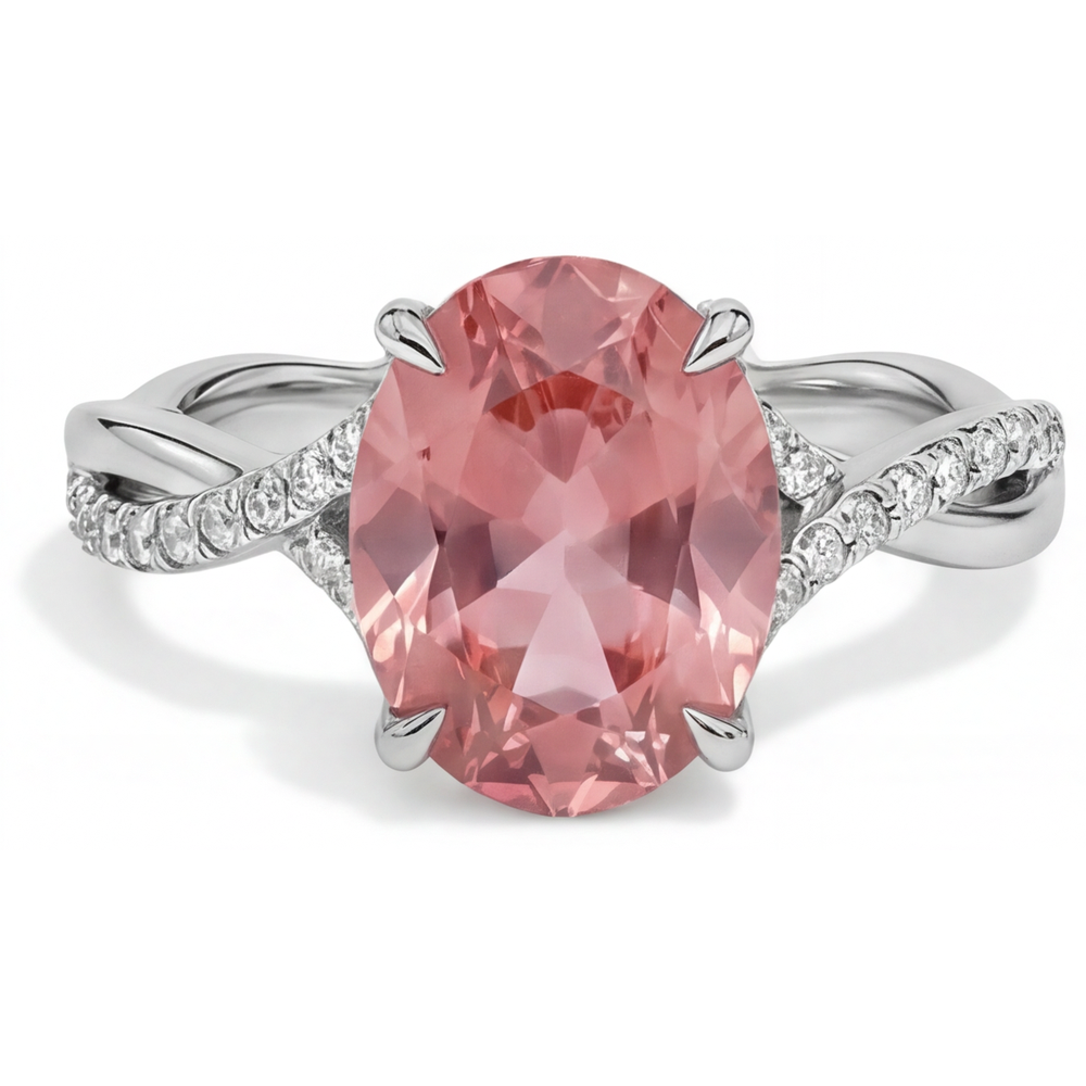 Bague croisée en Or Blanc 14 carats avec saphir Padparadscha naturel ovale couleur pêche de 2,8 carats