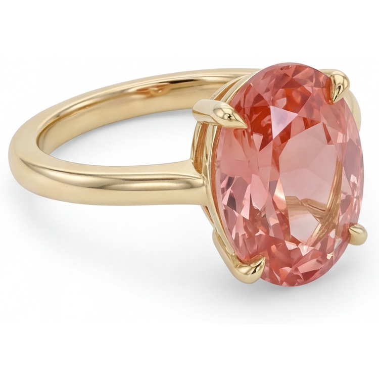 Bague Solitaire Ovale en Saphir Pêche Padparadscha Véritable 2,5 Carats en Or Jaune 14K