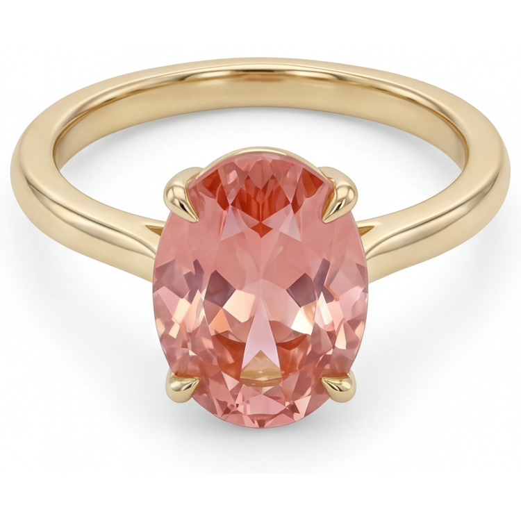 Bague Solitaire Ovale en Saphir Pêche Padparadscha Véritable 2,5 Carats en Or Jaune 14K