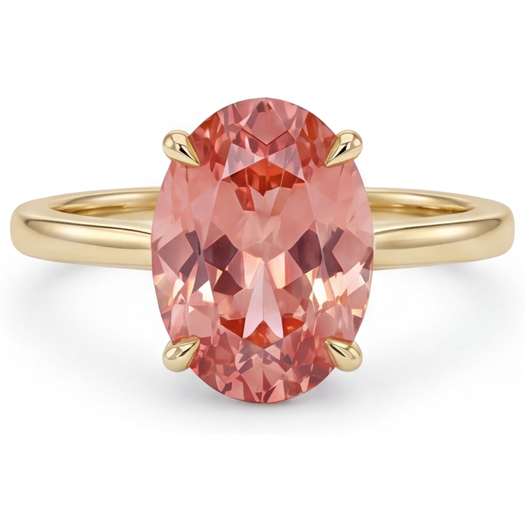 Bague Solitaire Ovale en Saphir Pêche Padparadscha Véritable 2,5 Carats en Or Jaune 14K