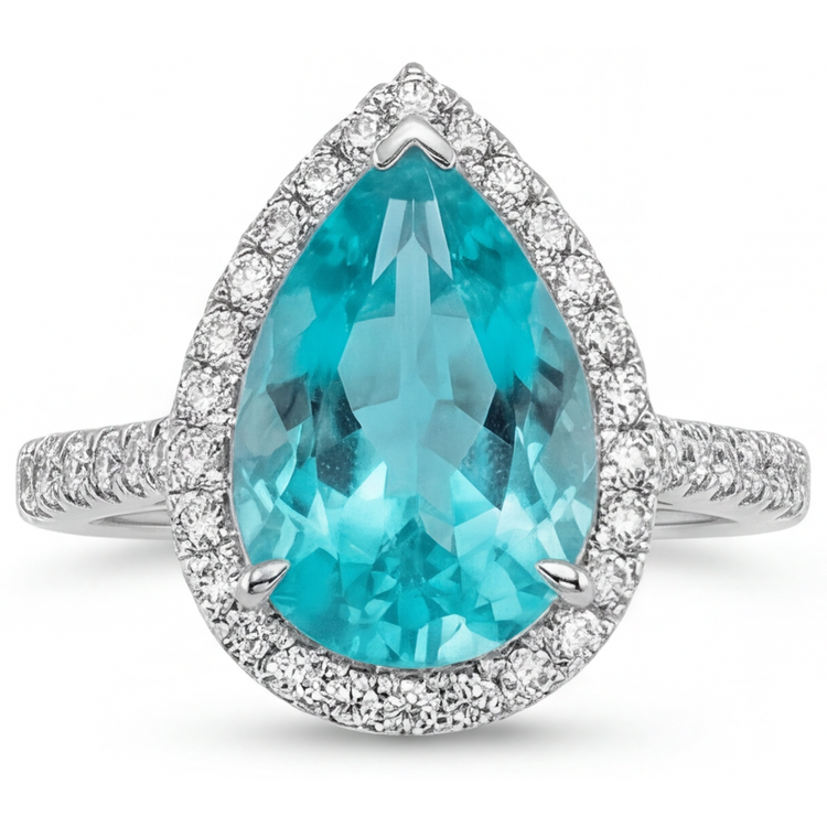 Bague de Fiançailles Halo Or 14K Blanc avec Paraiba Néon – vue de face