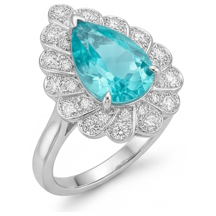 Paraiba Néon Goutte Bague Halo en Or Blanc 14 Carats – vue de face