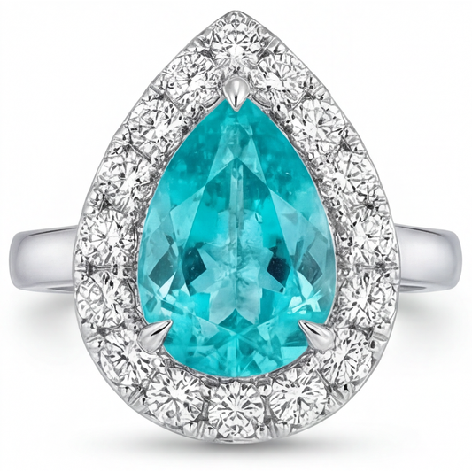 Paraiba Néon Goutte Bague Halo en Or Blanc 14 Carats – vue de face