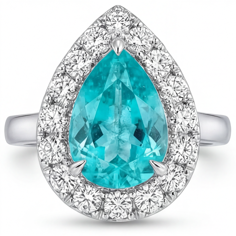 Paraiba Néon Goutte Bague Halo en Or Blanc 14 Carats – vue de face