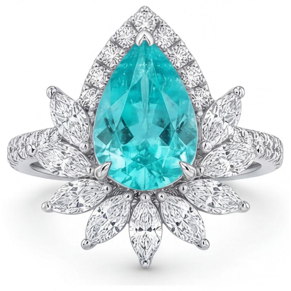 Paraiba Néon Goutte Bague Sertie Halo en Or Blanc 14 Carats – vue de face