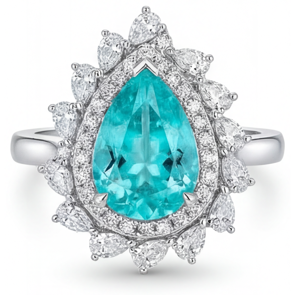 Paraiba Néon Taille Poire Bague Sertie Halo en Or Blanc 14 Carats – vue principale