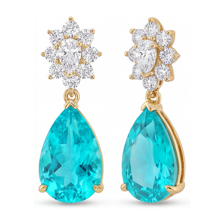 Boucles d'oreilles dormeuses en Or Jaune 14 carats, tourmaline Paraiba de laboratoire 5 carats en grappe poire