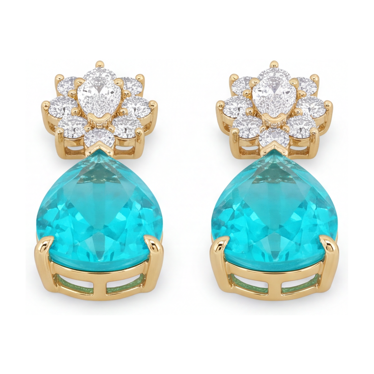 Boucles d'oreilles dormeuses grappe poire en tourmaline Paraíba de laboratoire 5 carats en or jaune 14 carats