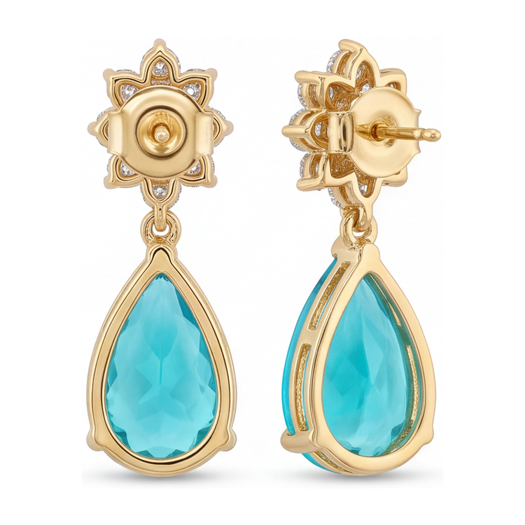 Boucles d'oreilles dormeuses grappe poire en tourmaline Paraíba de laboratoire 5 carats en or jaune 14 carats