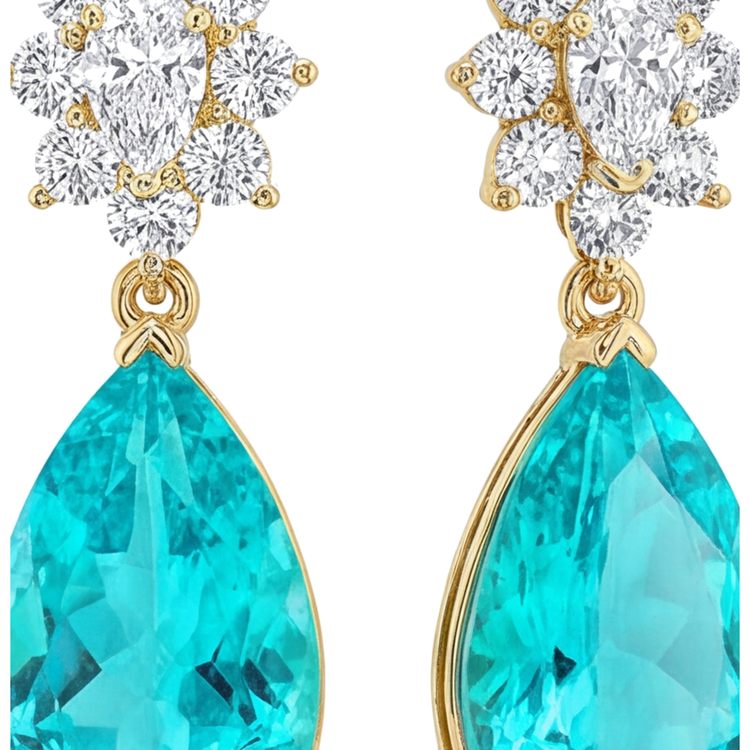 Boucles d'oreilles dormeuses grappe poire en tourmaline Paraíba de laboratoire 5 carats en or jaune 14 carats