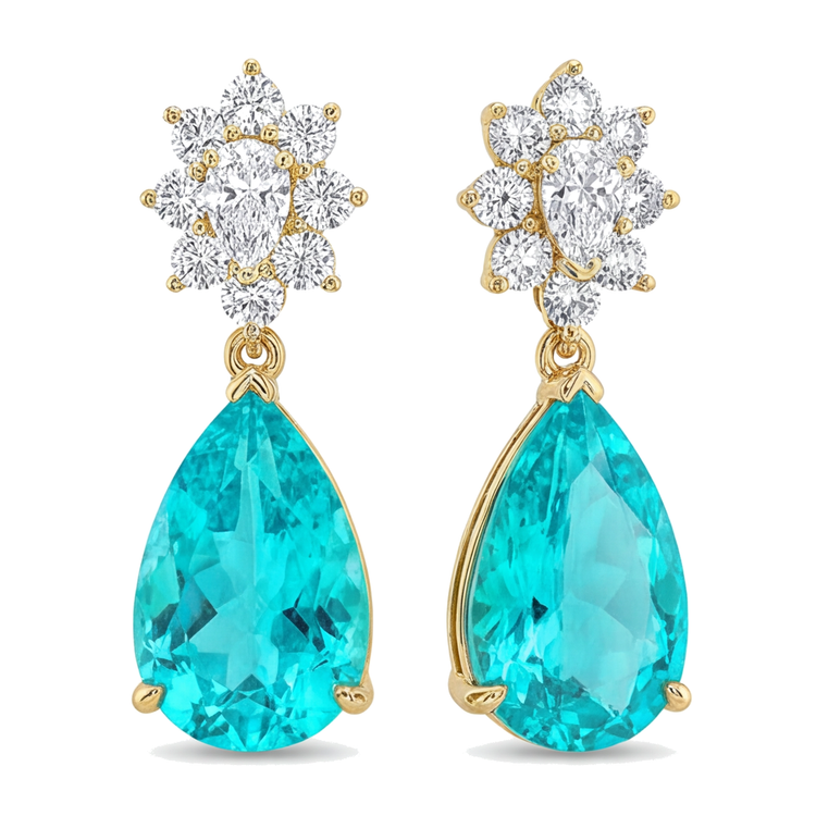 Boucles d'oreilles dormeuses en Or Jaune 14 carats, tourmaline Paraiba de laboratoire 5 carats en grappe poire