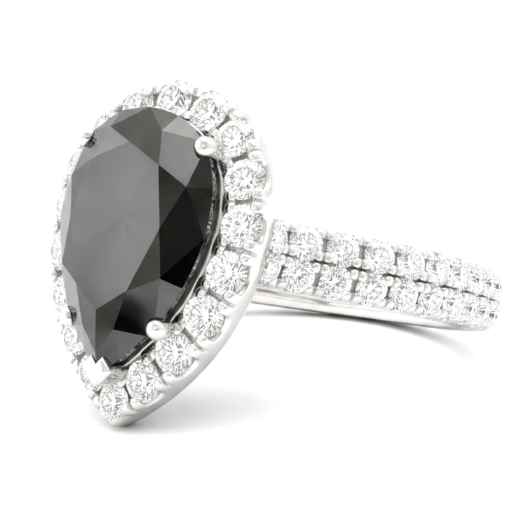 Bague Halo en diamant noir naturel taille poire 6 carats en Or Blanc 14 carats