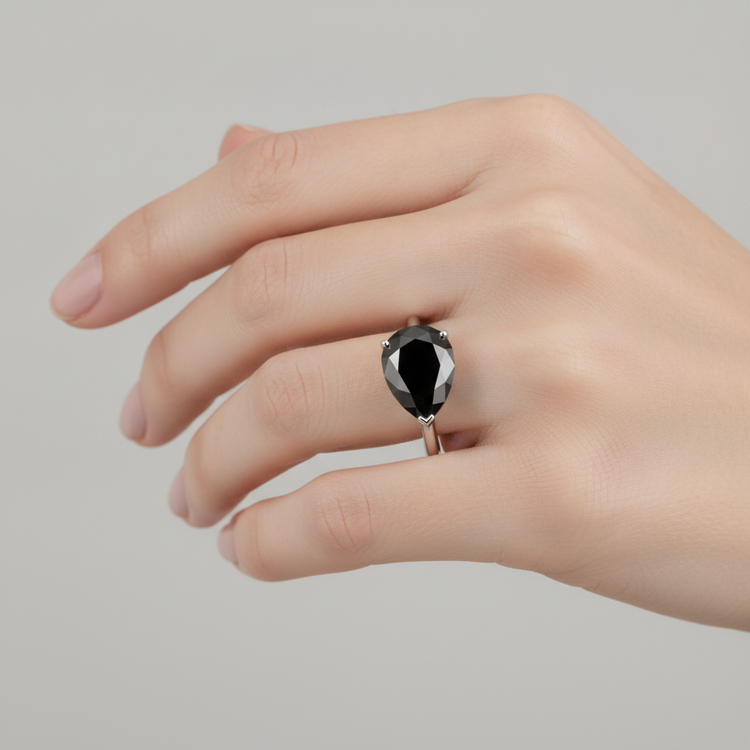 Bijoux en Diamant Noir - Bague Solitaire Poire Véritable 5 Carats en Or Blanc 14K