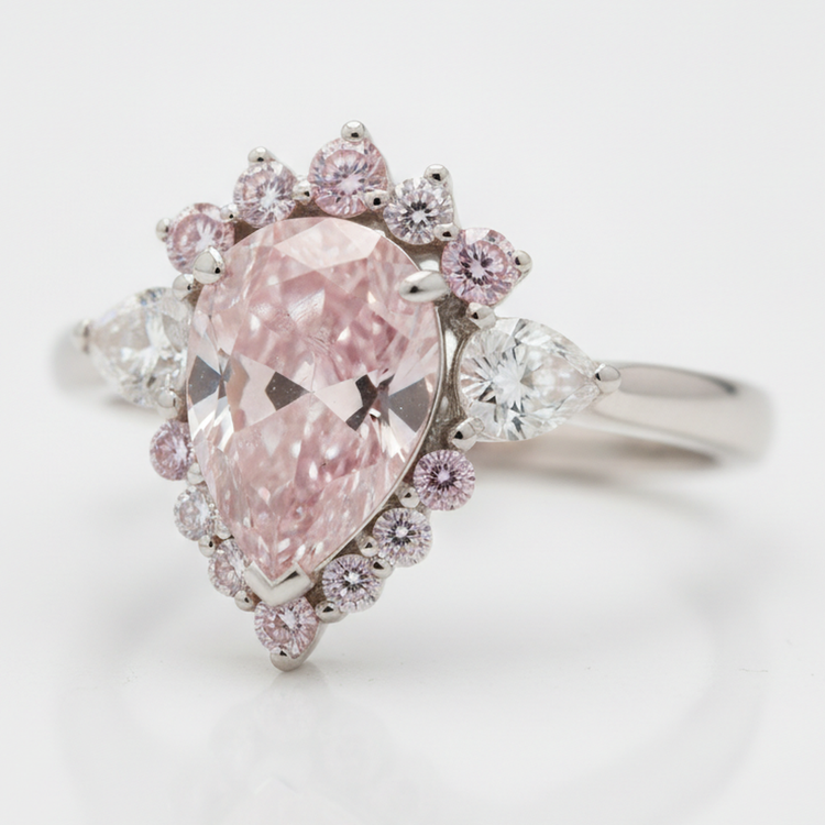 Bague de Fiançailles Semi-Halo en Platine avec Diamant Rose Fantaisie Naturel Taille Poire 2 Carats