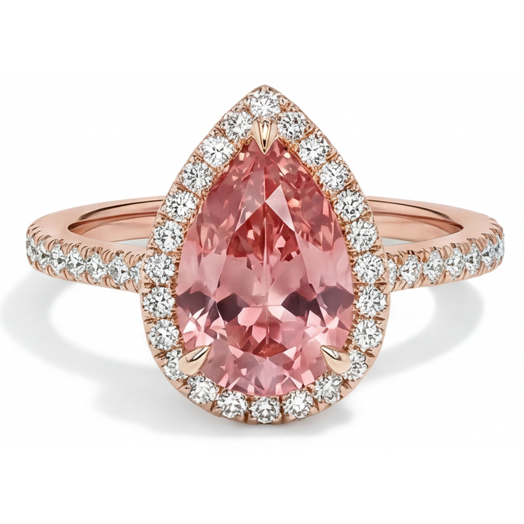 Bague de Fiançailles Saphir Padparadscha Pêche Naturel Taille Poire 2,8 Carats, Halo Pavé en Or Rose 14 Carats