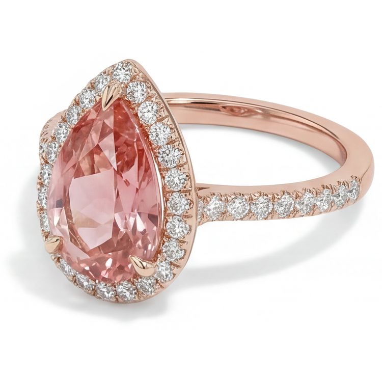 Bague en saphir pêche Padparadscha véritable taille poire 2,8 carats avec halo pavé en Or Rose 14 carats