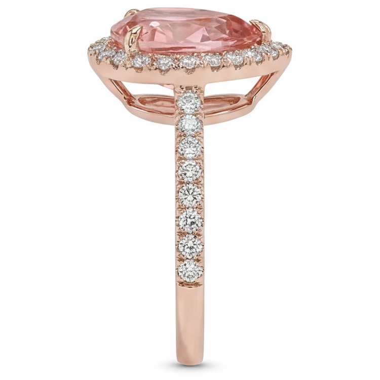 Bague en saphir pêche Padparadscha véritable taille poire 2,8 carats avec halo pavé en Or Rose 14 carats