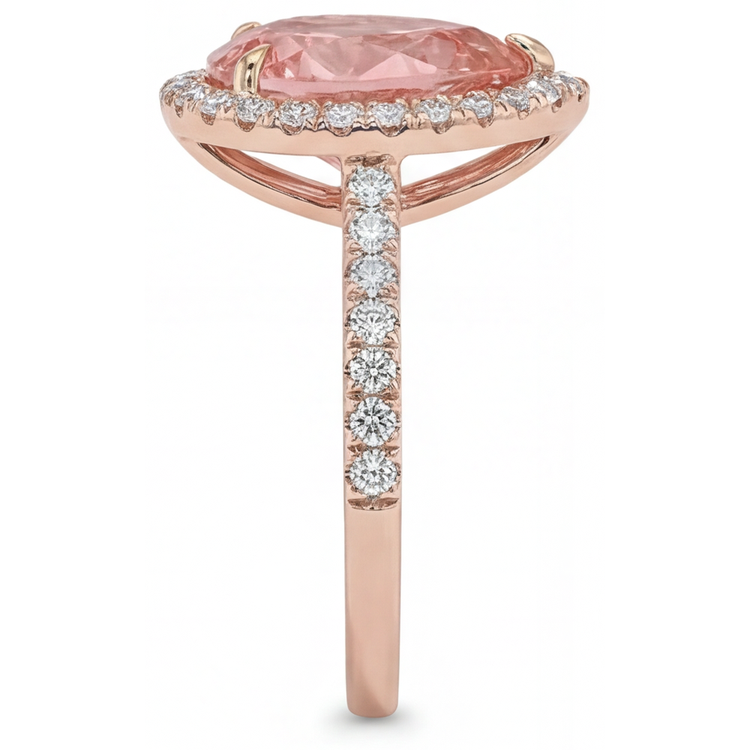 Bague de Fiançailles Saphir Padparadscha Pêche Véritable 2,8 Carats Taille Poire Halo Pavé en Or Rose 14 Carats