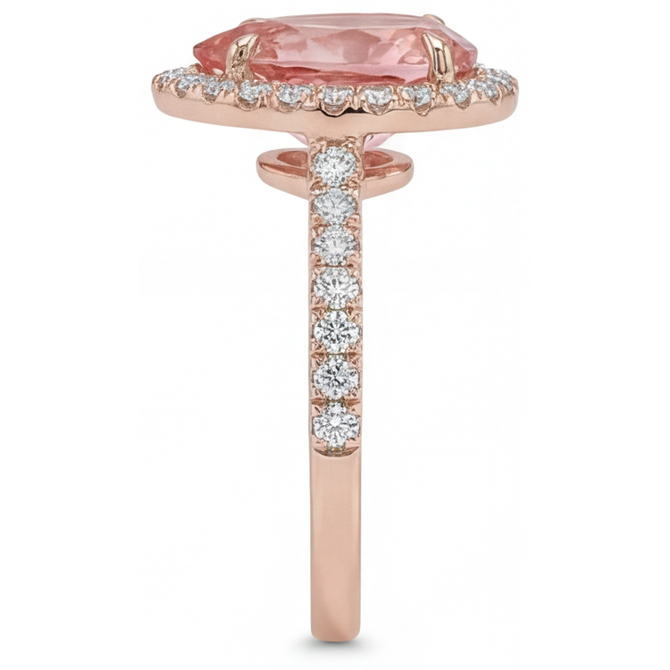 Bague Halo Pavé en Or Rose 14 carats avec Saphir Padparadscha Pêche Naturel Taille Poire 2,8 Carats