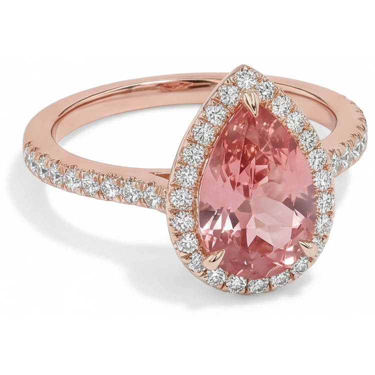 Bague Halo Pavée en Or Rose 14K avec Saphir Padparadscha Pêche Naturel Taille Poire 2,8 Carats