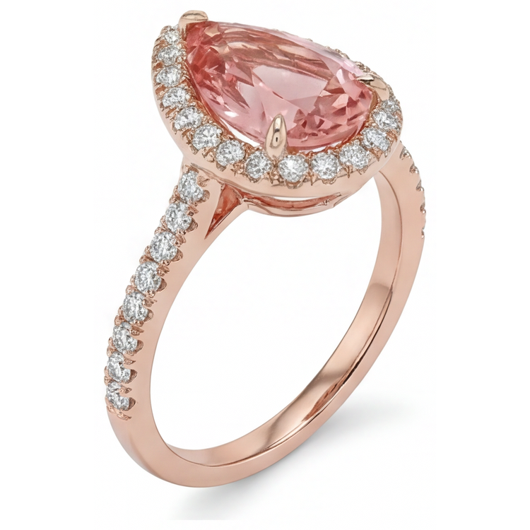 Bague en saphir pêche Padparadscha véritable taille poire 2,8 carats avec halo pavé en Or Rose 14 carats