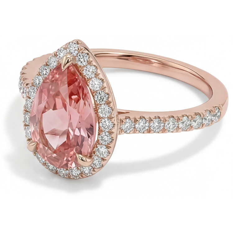 Bague de Fiançailles Saphir Padparadscha Pêche Véritable 2,8 Carats Taille Poire Halo Pavé en Or Rose 14 Carats