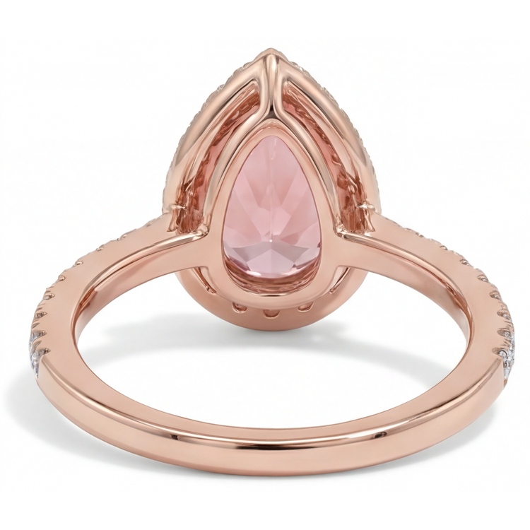 Bague de Fiançailles Saphir Padparadscha Pêche Naturel Taille Poire 2,8 Carats, Halo Pavé en Or Rose 14 Carats