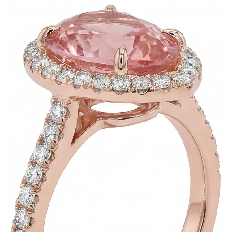 Bague Halo Pavé en Or Rose 14 carats avec Saphir Padparadscha Pêche Naturel Taille Poire 2,8 Carats