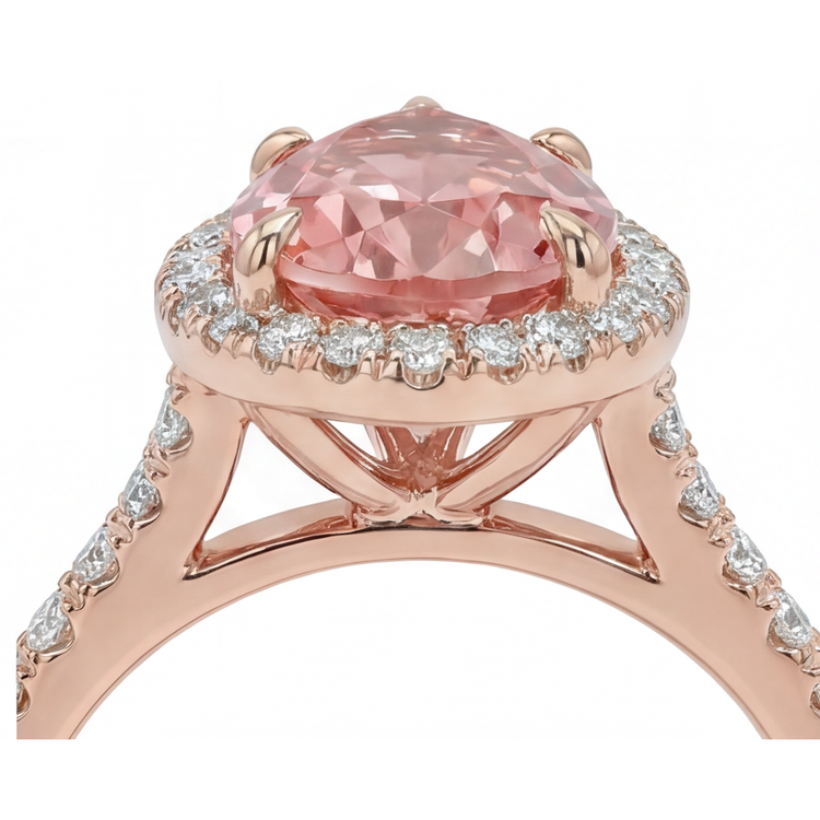 Bague en Or Rose 14 carats avec Saphir Padparadscha Pêche Véritable 2,8 Carats, Taille Poire, Halo Pavé