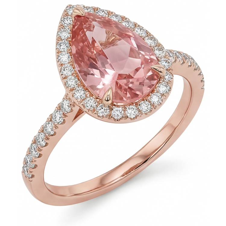 Bague de Fiançailles Saphir Padparadscha Pêche Naturel Taille Poire 2,8 Carats, Halo Pavé en Or Rose 14 Carats