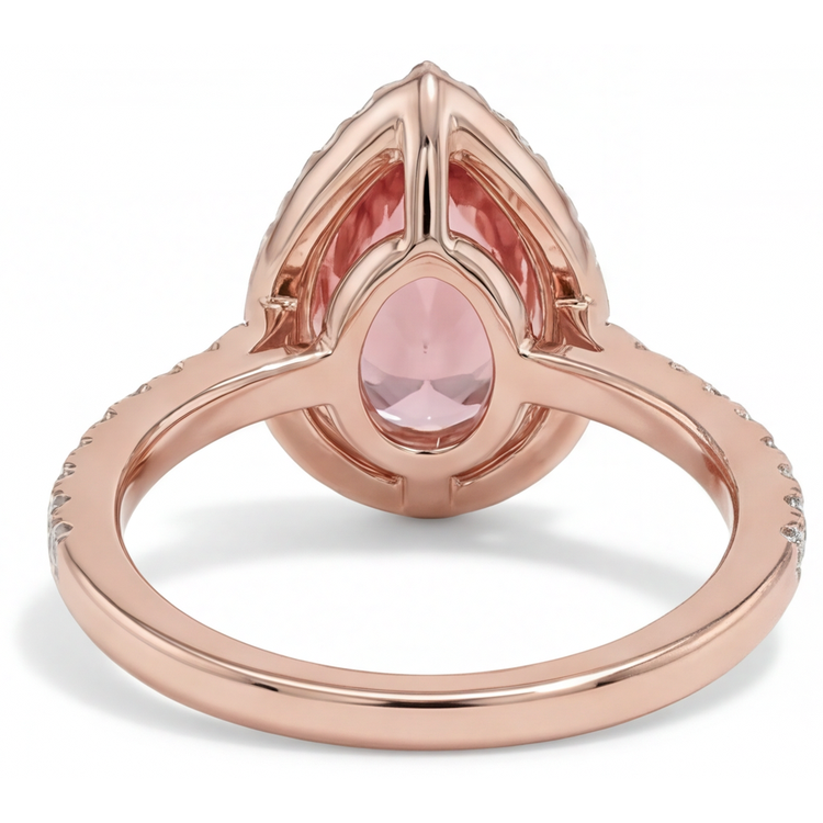 Bague Halo Pavée en Or Rose 14K avec Saphir Padparadscha Pêche Naturel Taille Poire 2,8 Carats