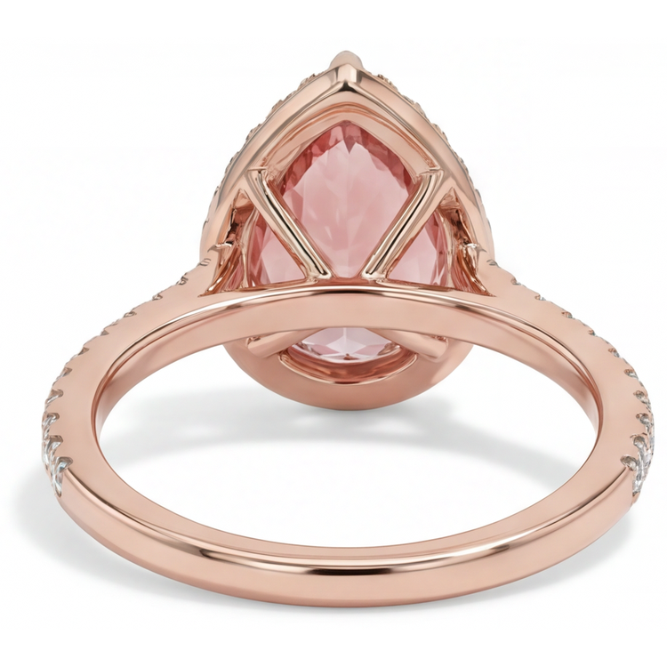Bague en saphir pêche Padparadscha véritable taille poire 2,8 carats avec halo pavé en Or Rose 14 carats