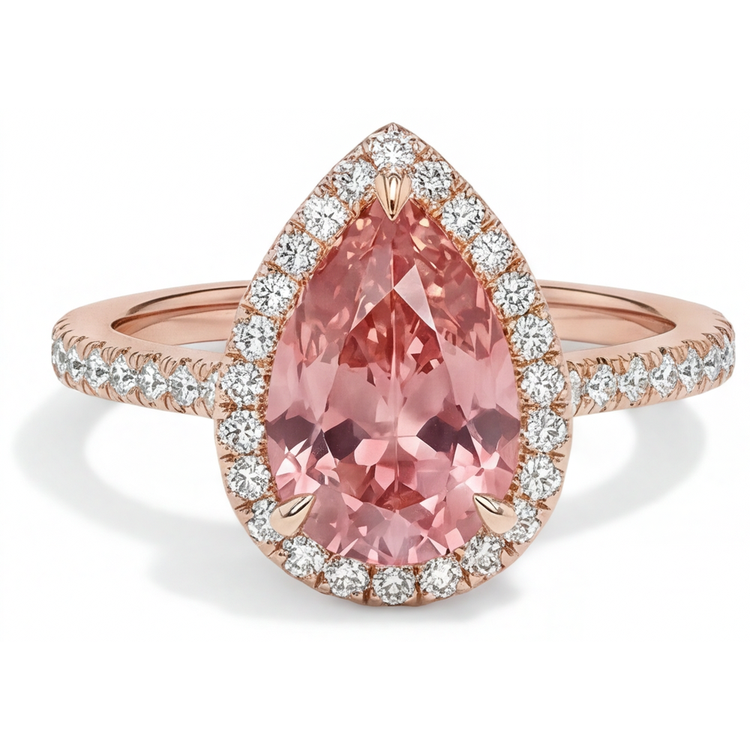 Bague Halo Pavé en Or Rose 14 carats avec Saphir Padparadscha Pêche Naturel Taille Poire 2,8 Carats
