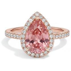 Bague Halo Pavée en Or Rose 14K avec Saphir Padparadscha Pêche Naturel Taille Poire 2,8 Carats