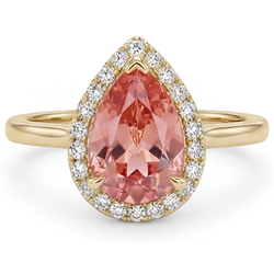 Bague Halo en Or Jaune 14 Carats avec Saphir Padparadscha Rose Naturel Taille Poire 2,8 Carats, Anneau Lisse