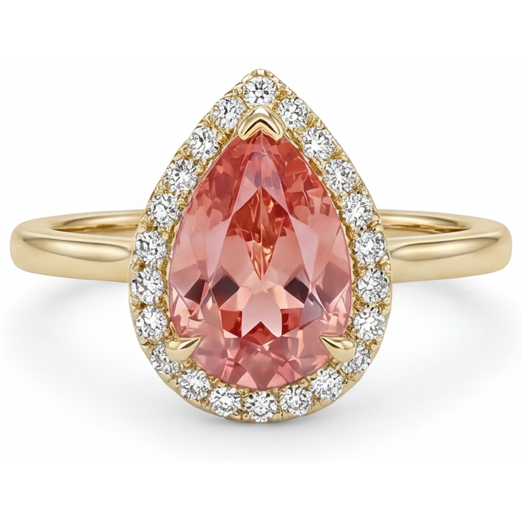 Bague Halo en Or Jaune 14K avec Saphir Padparadscha Rose Naturel Poire 2,8 Carats, Anneau Simple