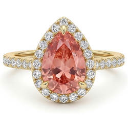 Bague Halo en Saphir Padparadscha Véritable Taille Poire 2,8 Carats en Or Jaune 14K