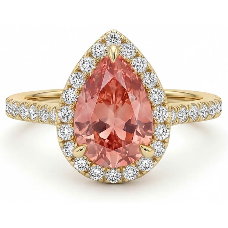 Bague Halo en Saphir Padparadscha Véritable Taille Poire 2,8 Carats en Or Jaune 14K