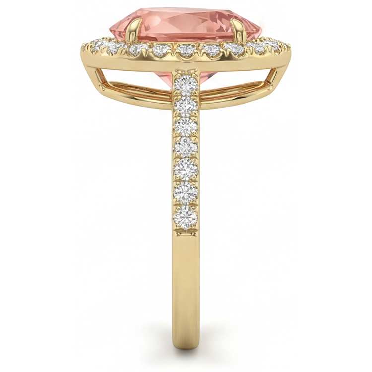Bague Halo Pavée en Or Jaune 14 carats avec Saphir Padparadscha Véritable Poire Couleur Pêche 2,8 Carats