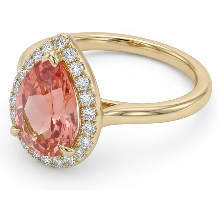 Bague Halo en Or Jaune 14 Carats avec Saphir Padparadscha Rose Naturel Taille Poire 2,8 Carats, Anneau Lisse
