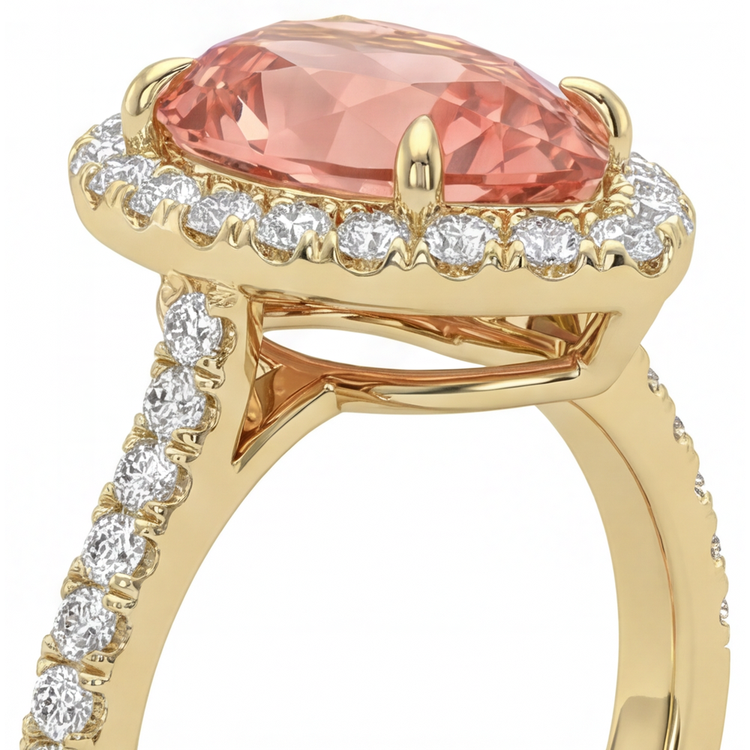 Bague Halo Pavée en Or Jaune 14K avec Véritable Saphir Padparadscha Poire Couleur Pêche 2,8 Carats