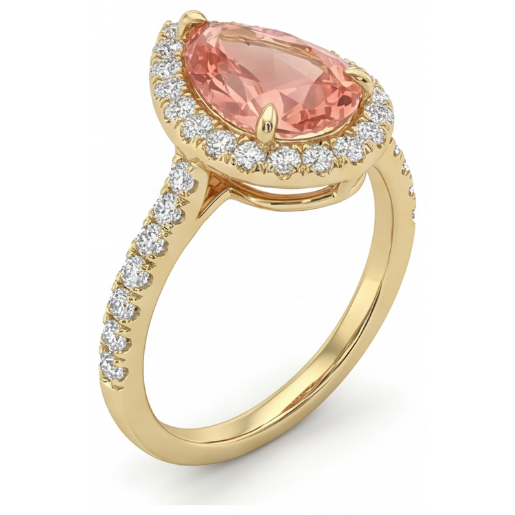 Bague saphir Padparadscha véritable taille poire 2,8 carats avec Halo en Or Jaune 14 carats