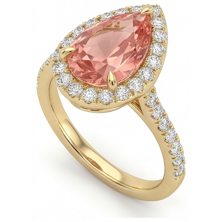 Bague Halo Pavée en Or Jaune 14 carats avec Saphir Padparadscha Véritable Poire Couleur Pêche 2,8 Carats