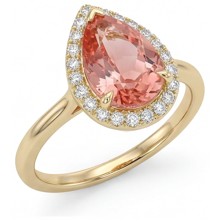 Bague Halo en Or Jaune 14 Carats avec Saphir Padparadscha Rose Naturel Taille Poire 2,8 Carats, Anneau Lisse