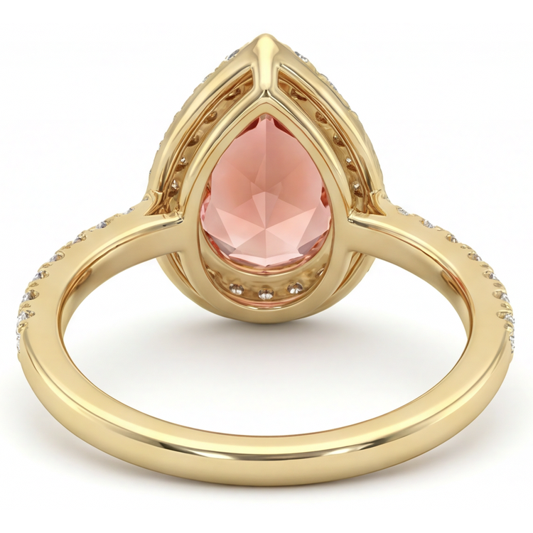 Bague Halo en Saphir Padparadscha Véritable Taille Poire 2,8 Carats en Or Jaune 14K