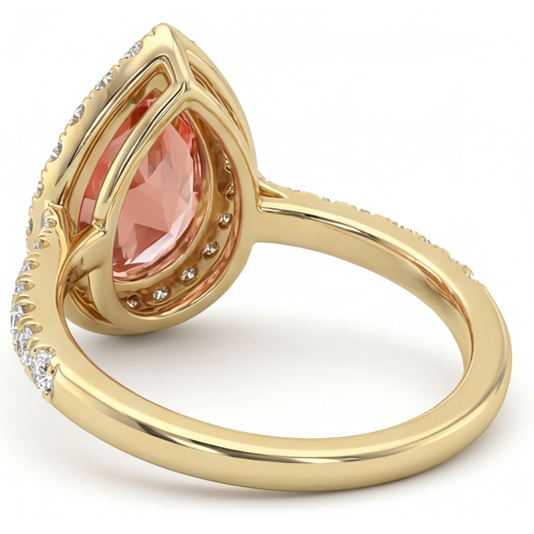 Bague saphir Padparadscha véritable taille poire 2,8 carats avec Halo en Or Jaune 14 carats